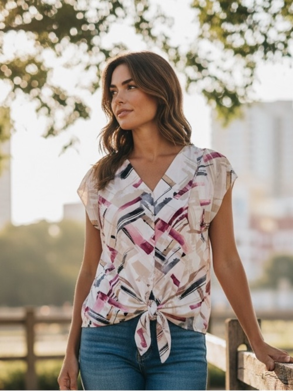 White House Black Market Geometric Tie-Front V-Neck Top in White, Pink and Gray